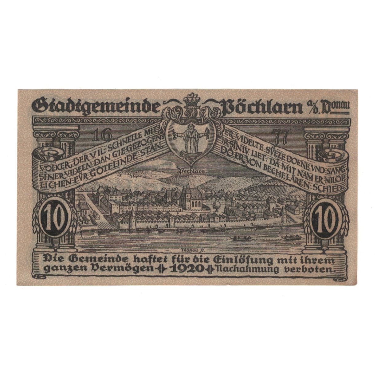 Billete, Austria, Pöchlarn N.Ö. Stadtgemeinde, 10 Heller, paysage, 1920