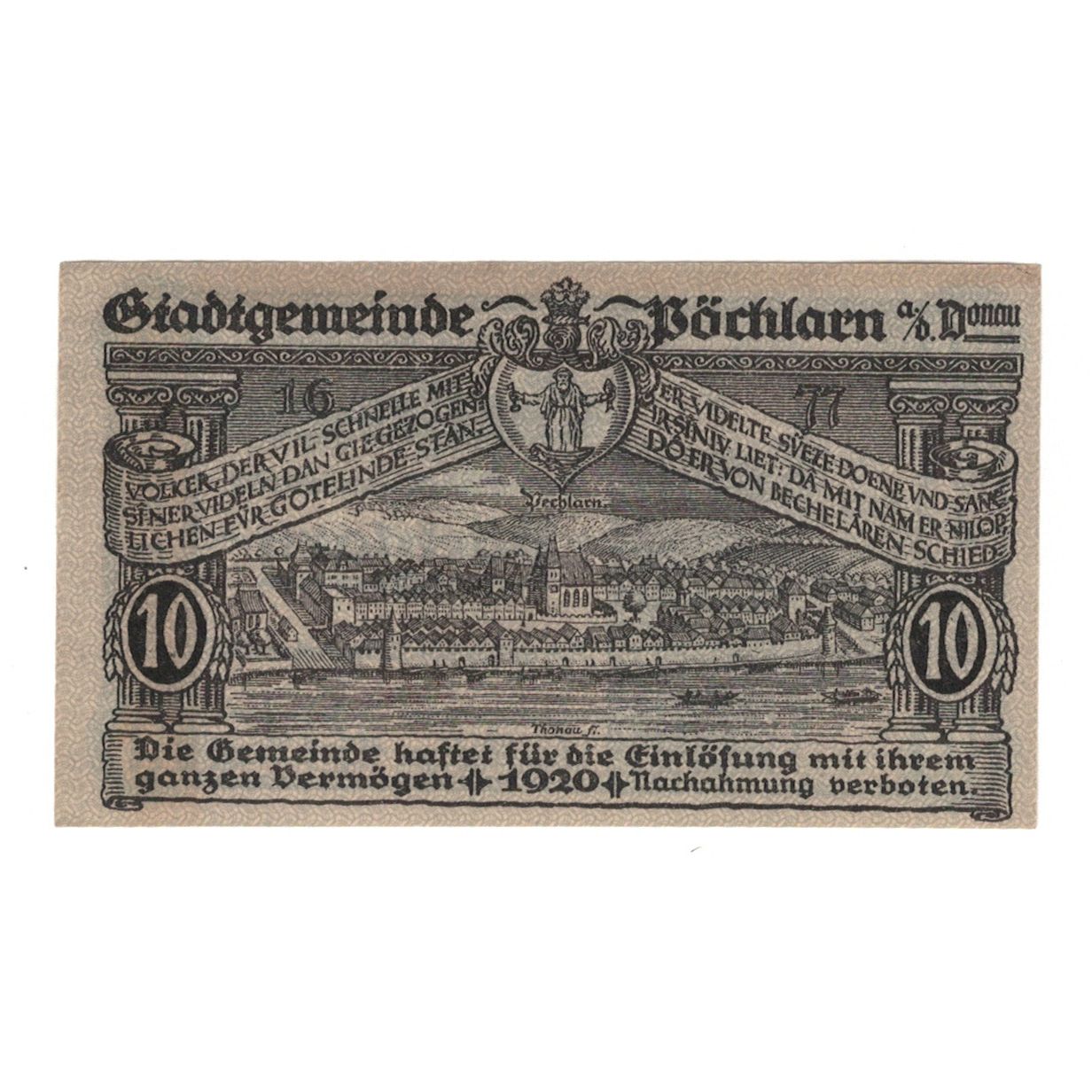 Nota, Áustria, Pöchlarn N.Ö. Stadtgemeinde, 10 Heller, paysage 1, 1920