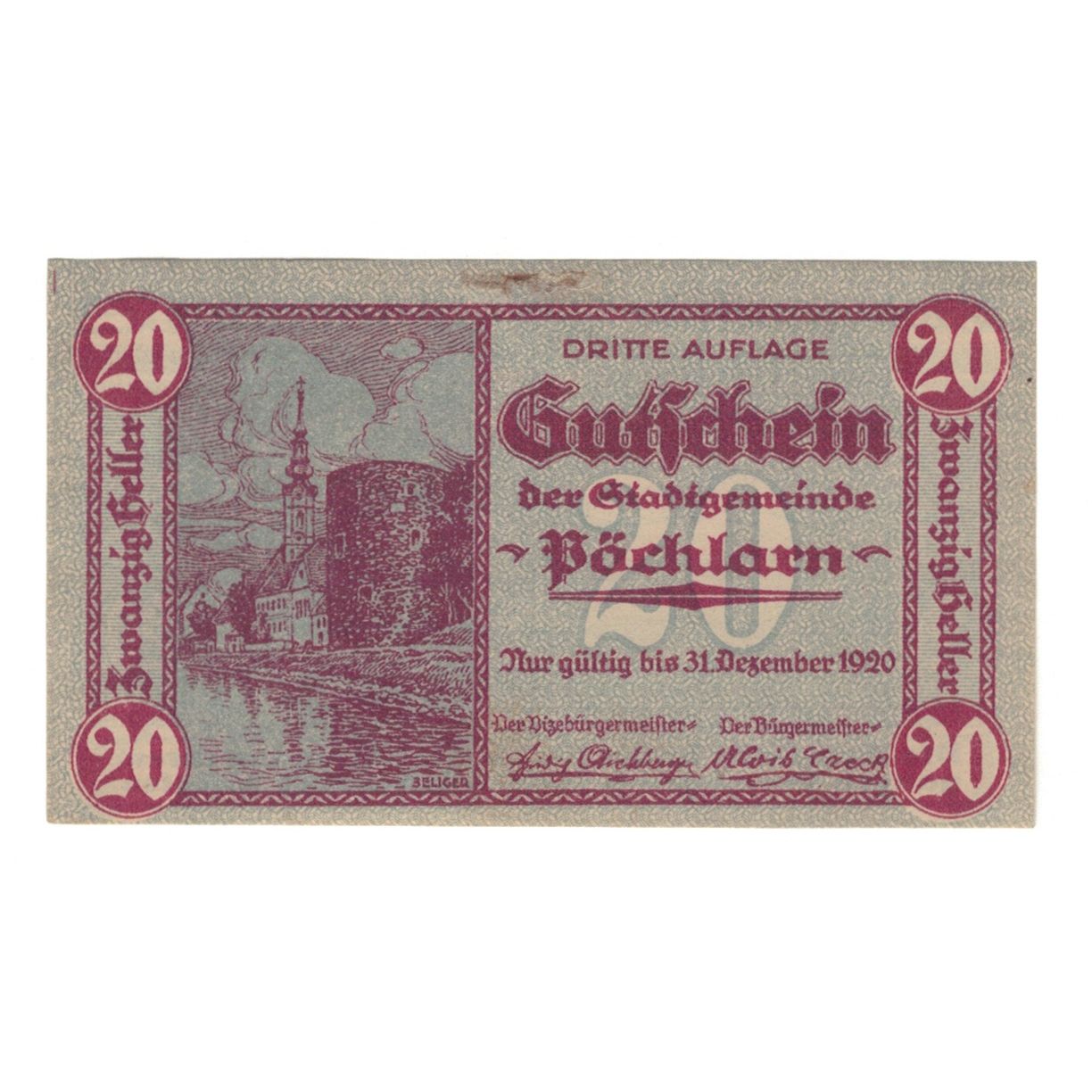 Billete, Austria, Pöchlarn N.Ö. Stadtgemeinde, 20 Heller, paysage, 1920