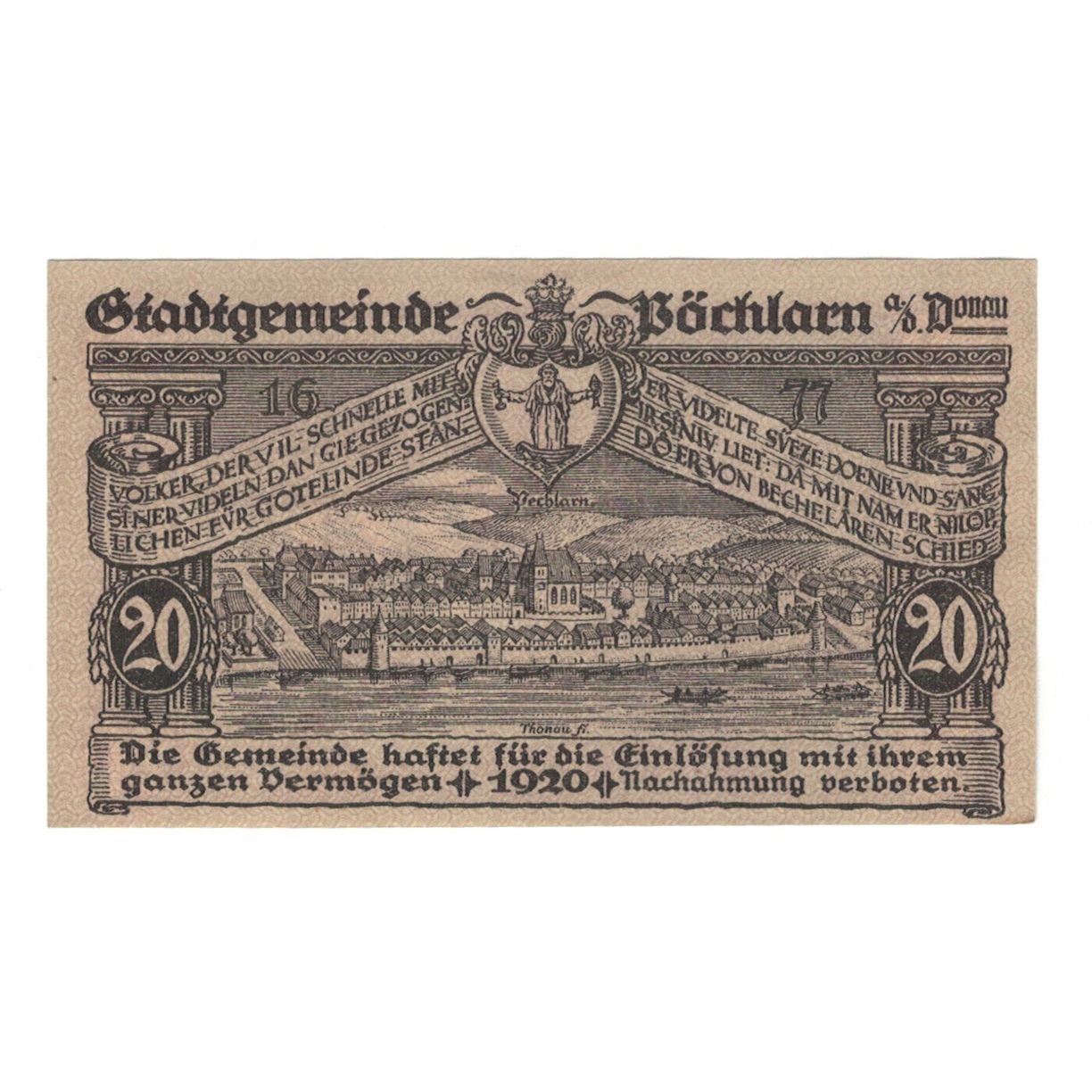 Billete, Austria, Pöchlarn N.Ö. Stadtgemeinde, 20 Heller, paysage, 1920