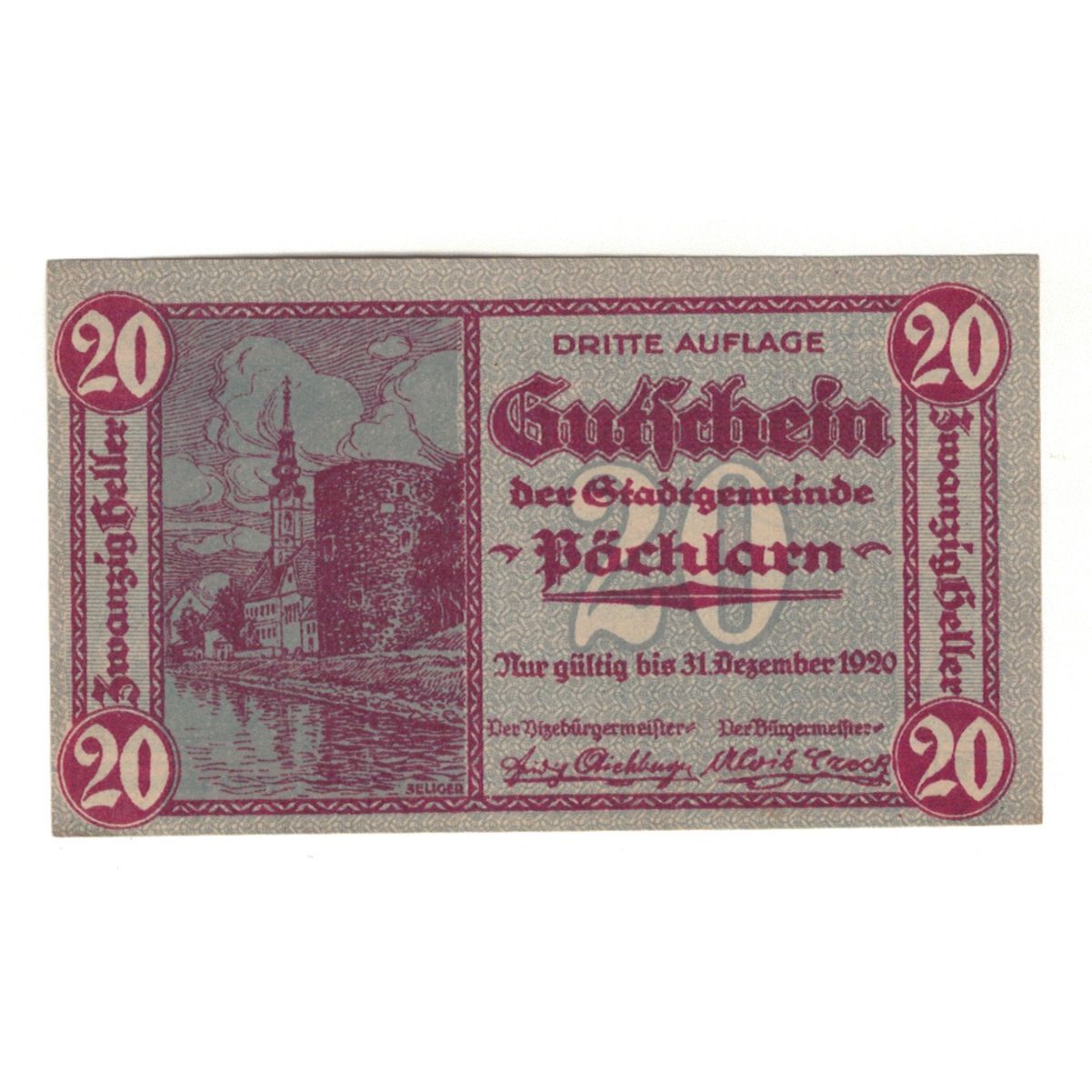 Banknote, Austria, Pöchlarn N.Ö. Stadtgemeinde, 20 Heller, paysage 1, 1920