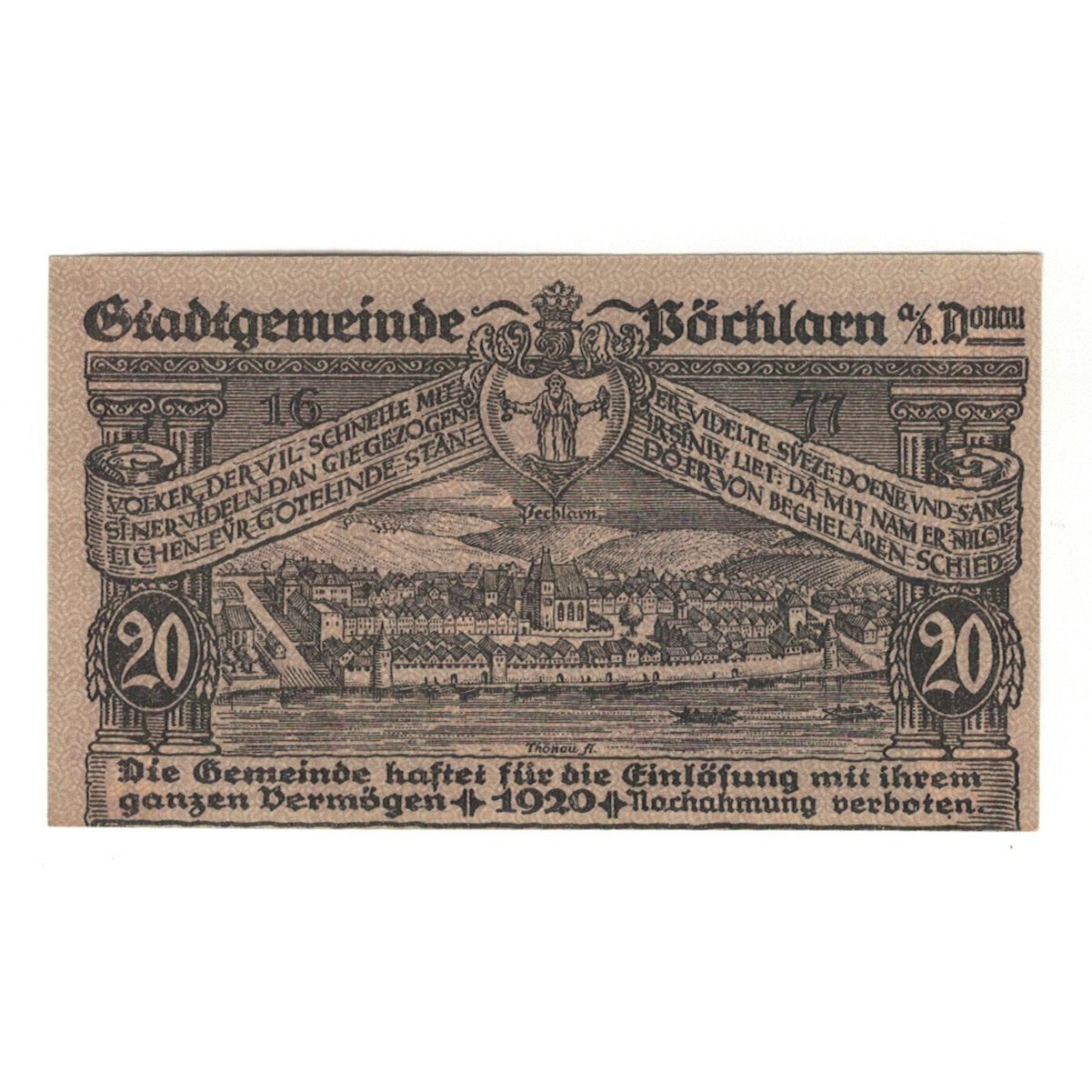 Banknote, Austria, Pöchlarn N.Ö. Stadtgemeinde, 20 Heller, paysage 1, 1920