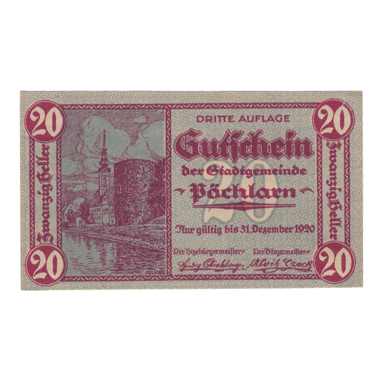 Nota, Áustria, Pöchlarn N.Ö. Stadtgemeinde, 20 Heller, paysage 2, 1920