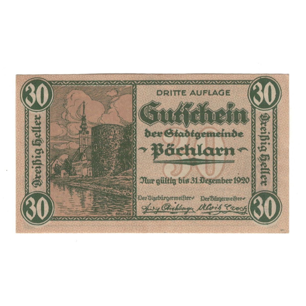 Billete, Austria, Pöchlarn N.Ö. Stadtgemeinde, 30 Heller, paysage, 1920
