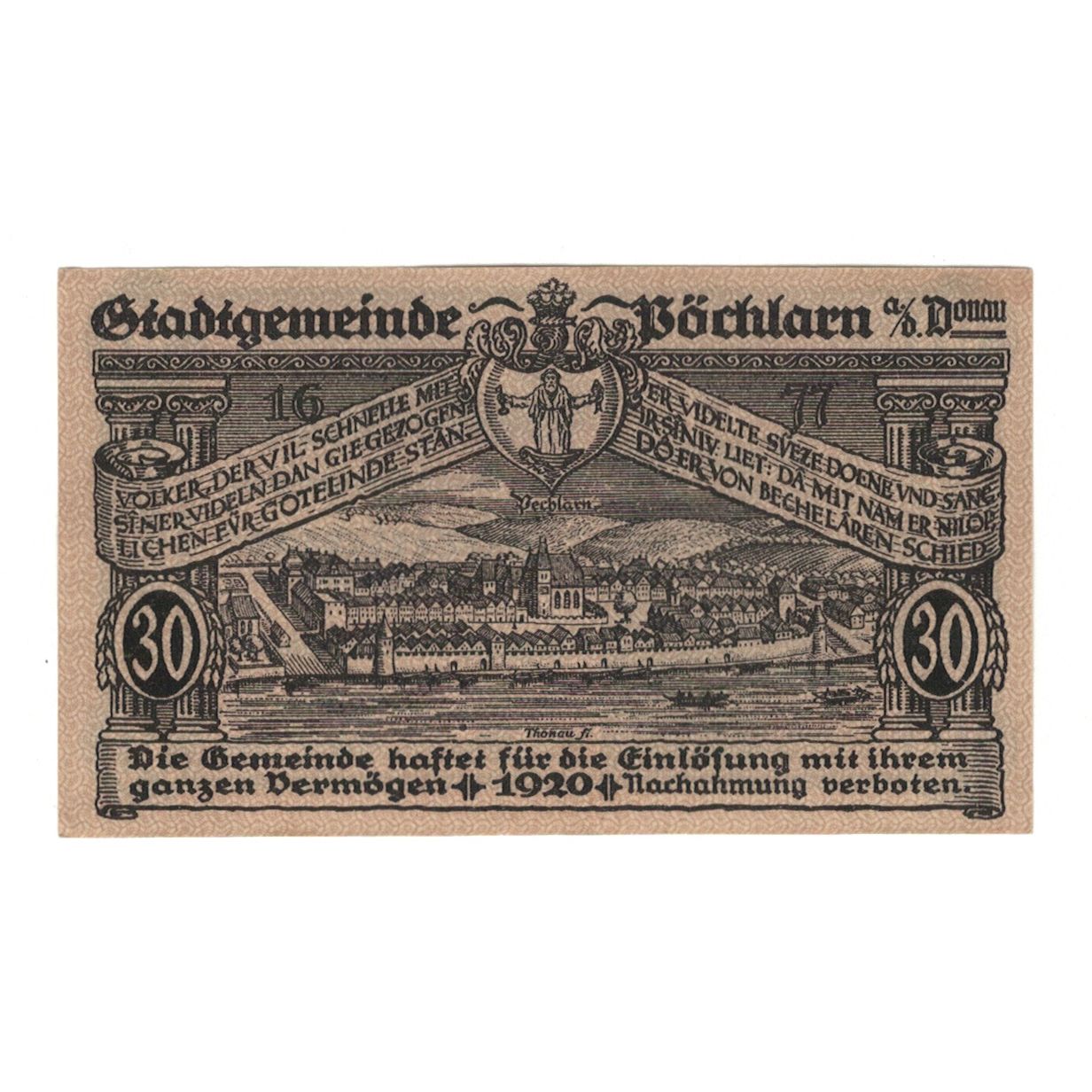 Billete, Austria, Pöchlarn N.Ö. Stadtgemeinde, 30 Heller, paysage, 1920