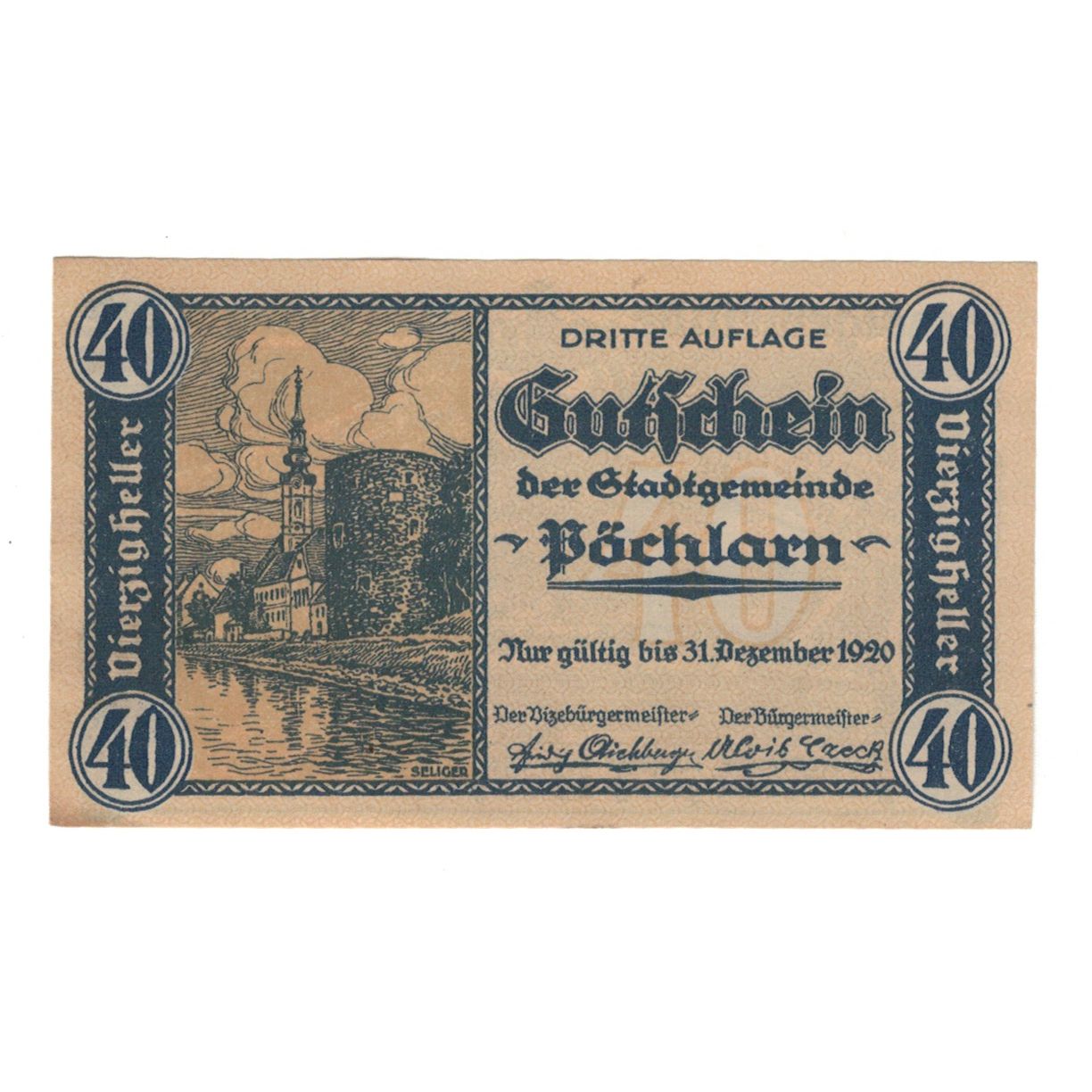 Banknote, Austria, Pöchlarn N.Ö. Stadtgemeinde, 40 Heller, paysage, 1920