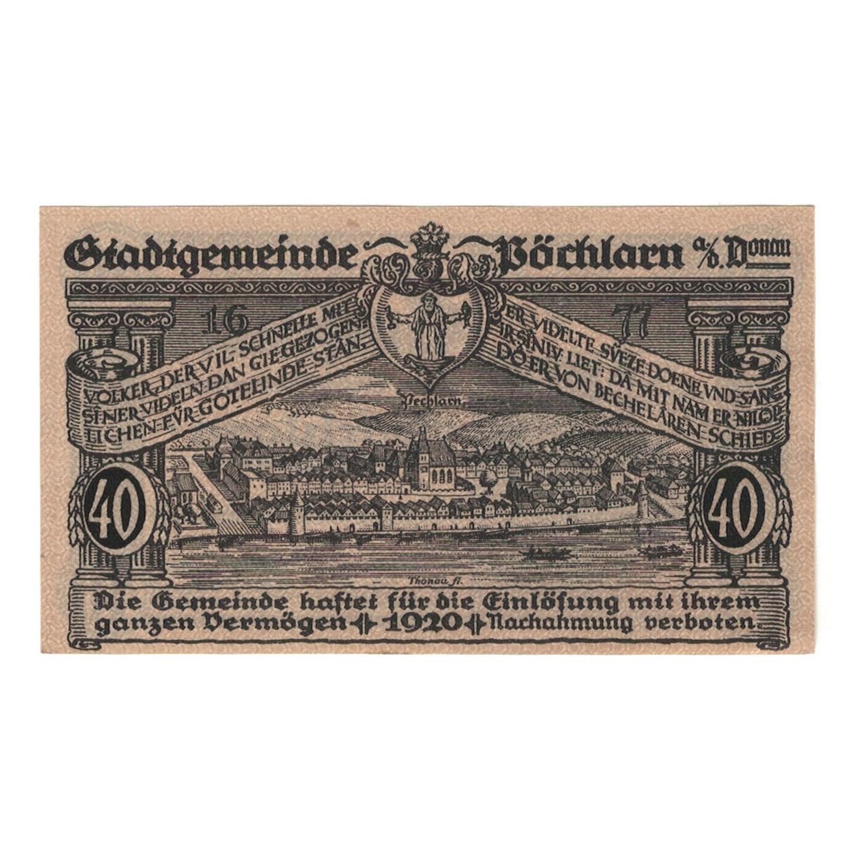 Banknote, Austria, Pöchlarn N.Ö. Stadtgemeinde, 40 Heller, paysage, 1920