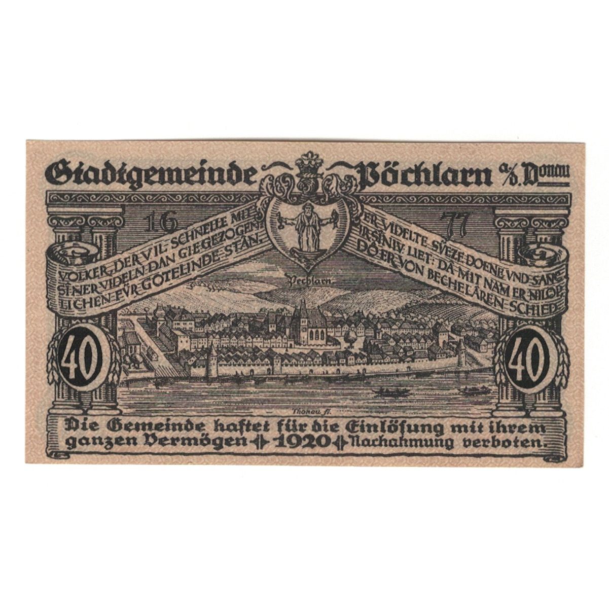 Banknote, Austria, Pöchlarn N.Ö. Stadtgemeinde, 40 Heller, paysage 1, 1920