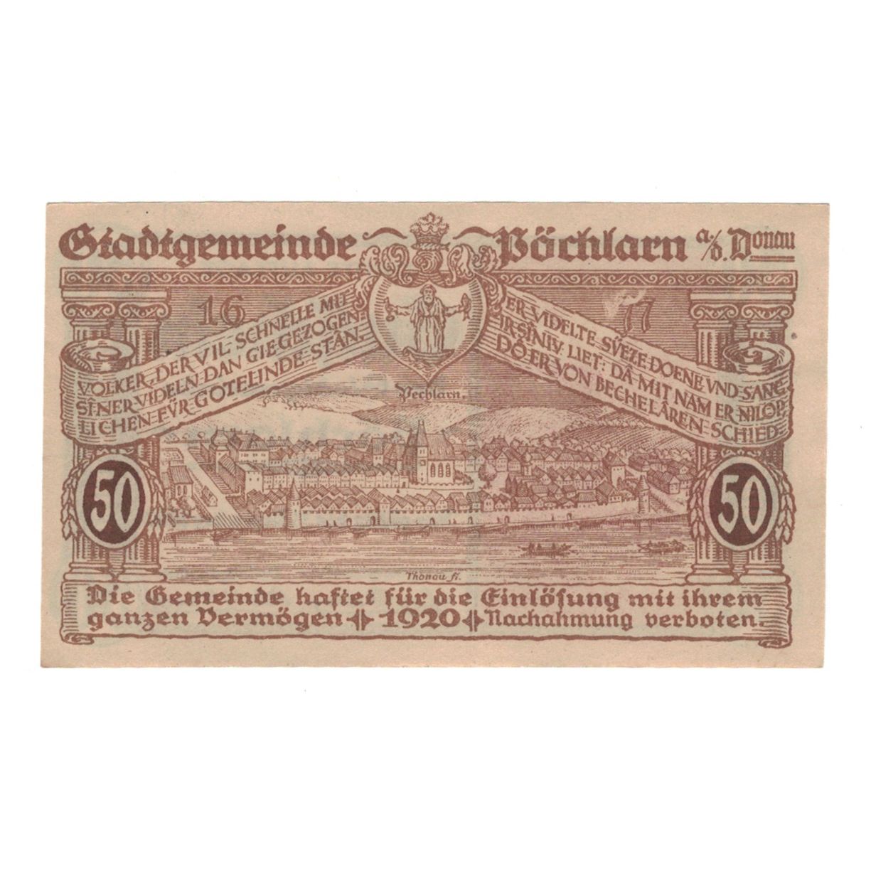 Banknote, Austria, Pöchlarn N.Ö. Stadtgemeinde, 50 Heller, paysage, 1920