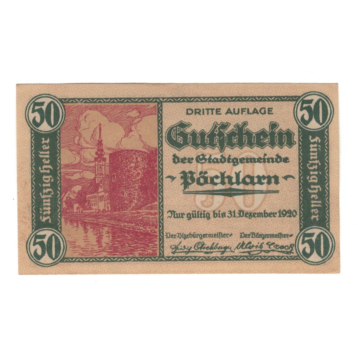 Banknote, Austria, Pöchlarn N.Ö. Stadtgemeinde, 50 Heller, paysage 1, 1920