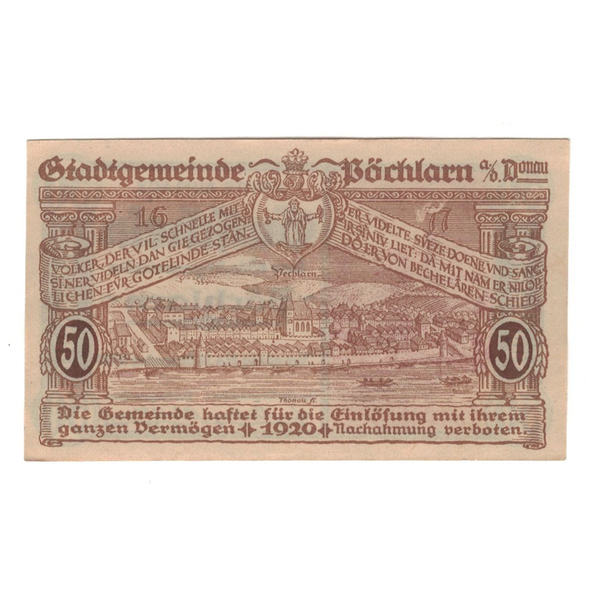 Banknote, Austria, Pöchlarn N.Ö. Stadtgemeinde, 50 Heller, paysage 1, 1920