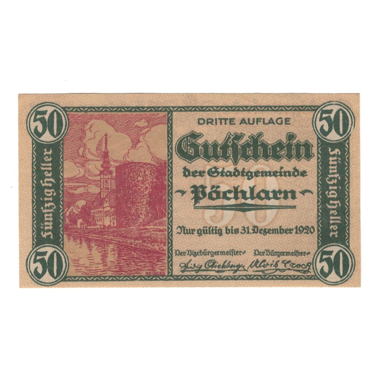 Banknote, Austria, Pöchlarn N.Ö. Stadtgemeinde, 50 Heller, paysage 2, 1920