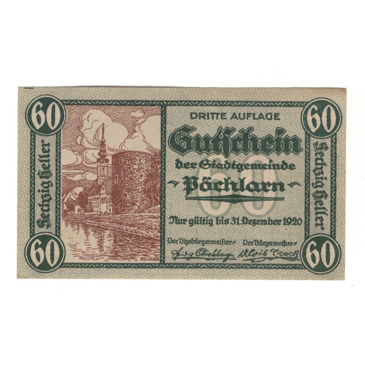 Banknote, Austria, Pöchlarn N.Ö. Stadtgemeinde, 60 Heller, paysage, 1920