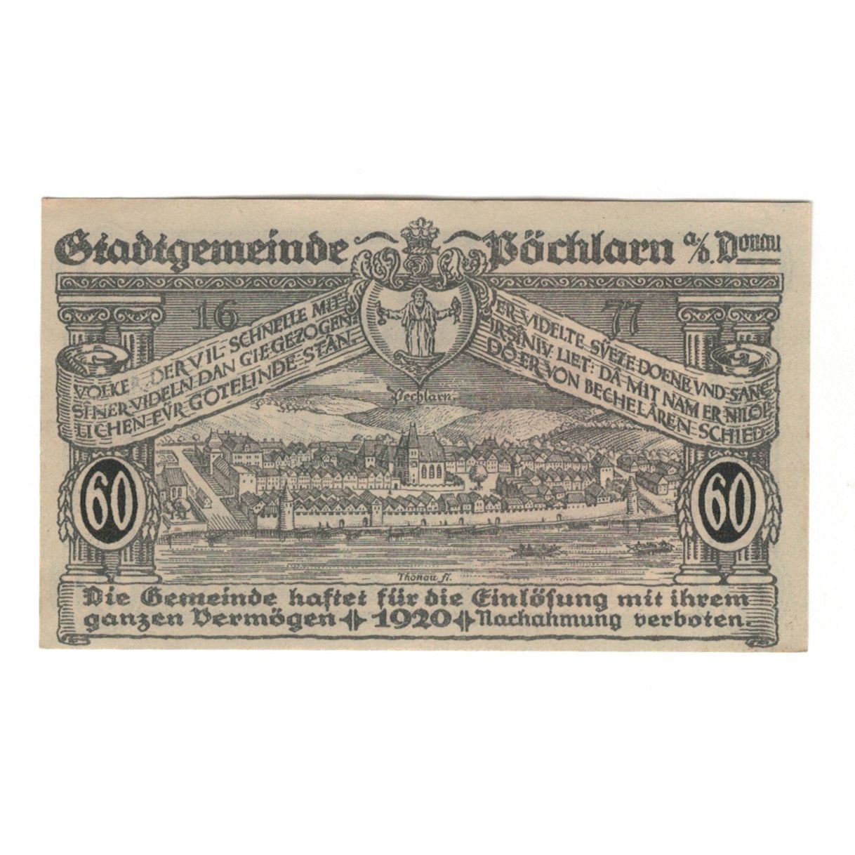 Banknote, Austria, Pöchlarn N.Ö. Stadtgemeinde, 60 Heller, paysage, 1920