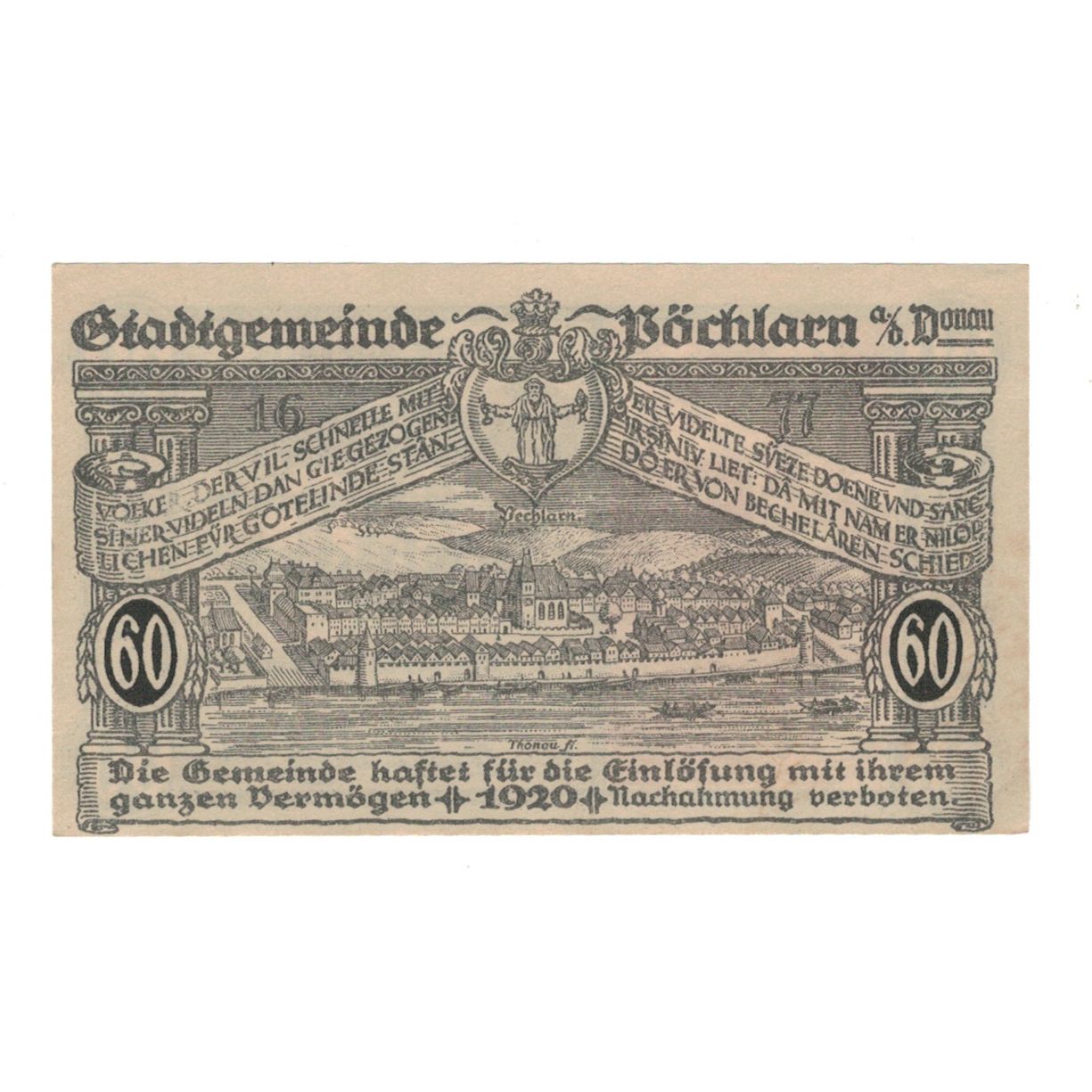 Banknote, Austria, Pöchlarn N.Ö. Stadtgemeinde, 60 Heller, paysage 1, 1920