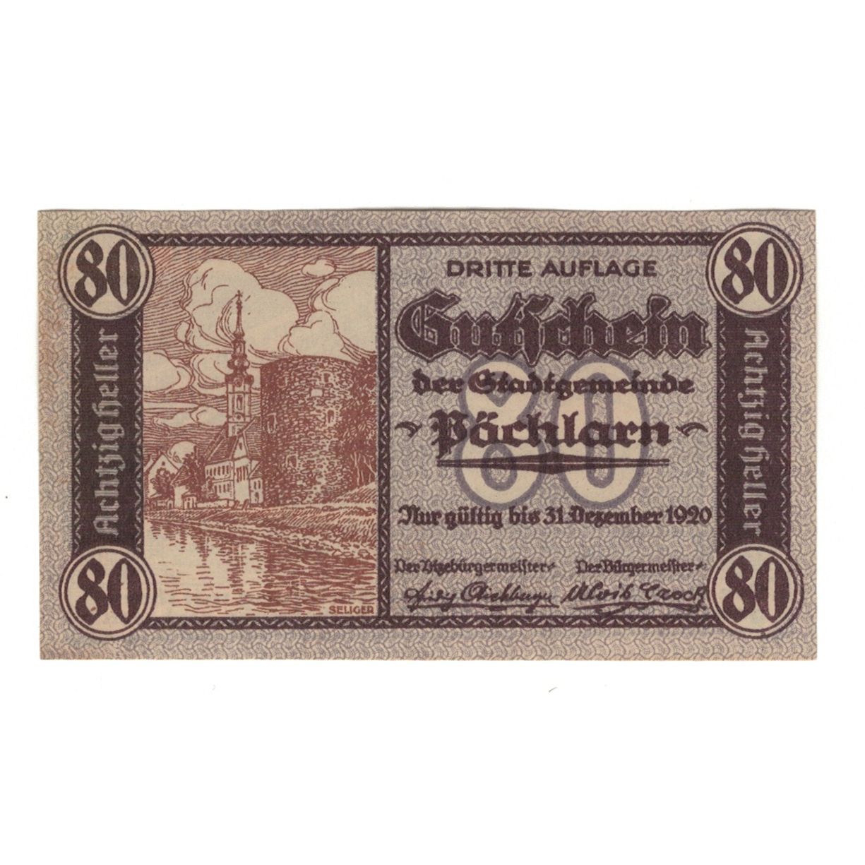 Banknote, Austria, Pöchlarn N.Ö. Stadtgemeinde, 80 Heller, paysage, 1920