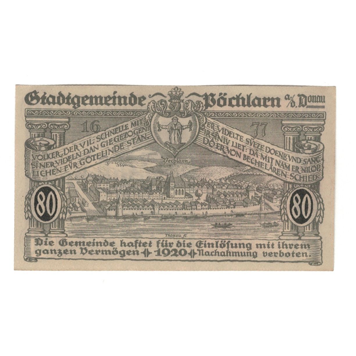 Banknote, Austria, Pöchlarn N.Ö. Stadtgemeinde, 80 Heller, paysage, 1920