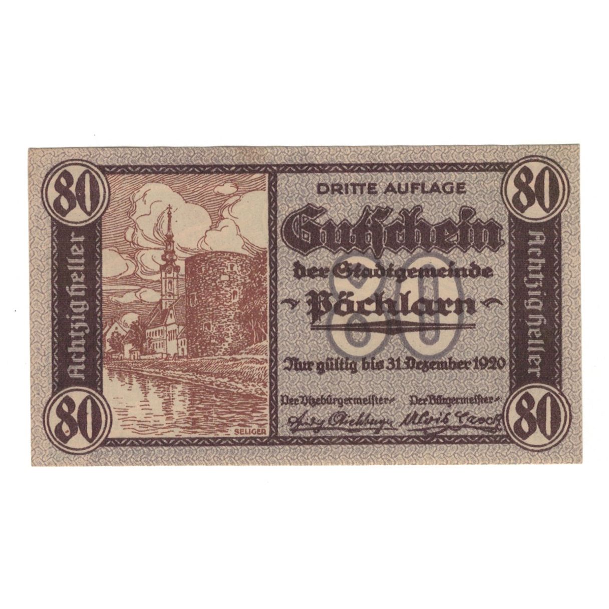 Banknote, Austria, Pöchlarn N.Ö. Stadtgemeinde, 80 Heller, paysage 1, 1920