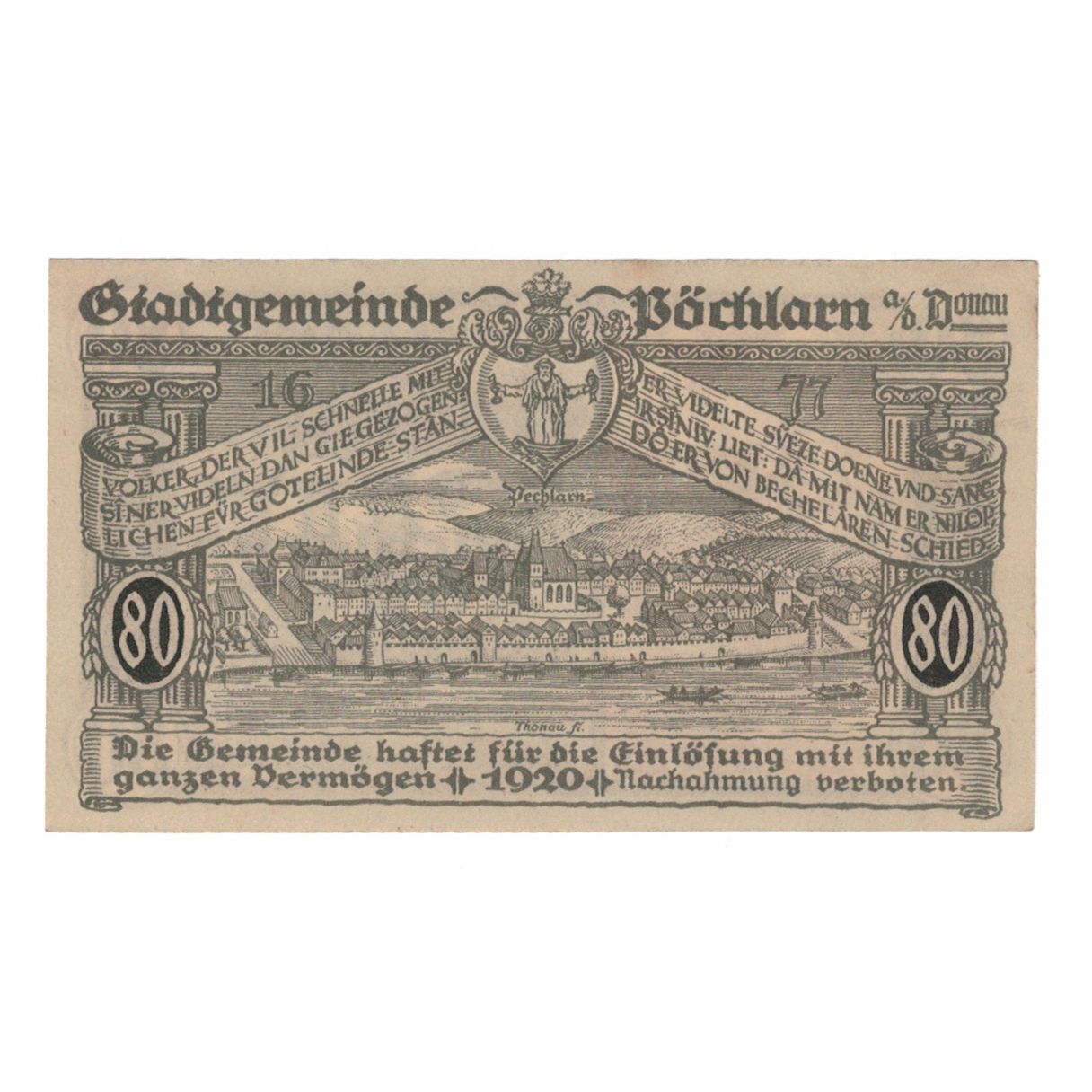 Banknote, Austria, Pöchlarn N.Ö. Stadtgemeinde, 80 Heller, paysage 1, 1920