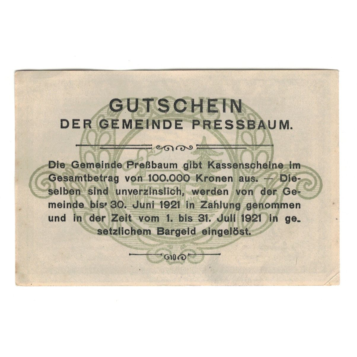 Banknote, Austria, Pressbaum N.Ö. Gemeinde, 40 Heller, Texte, 1921, 1921-07-31