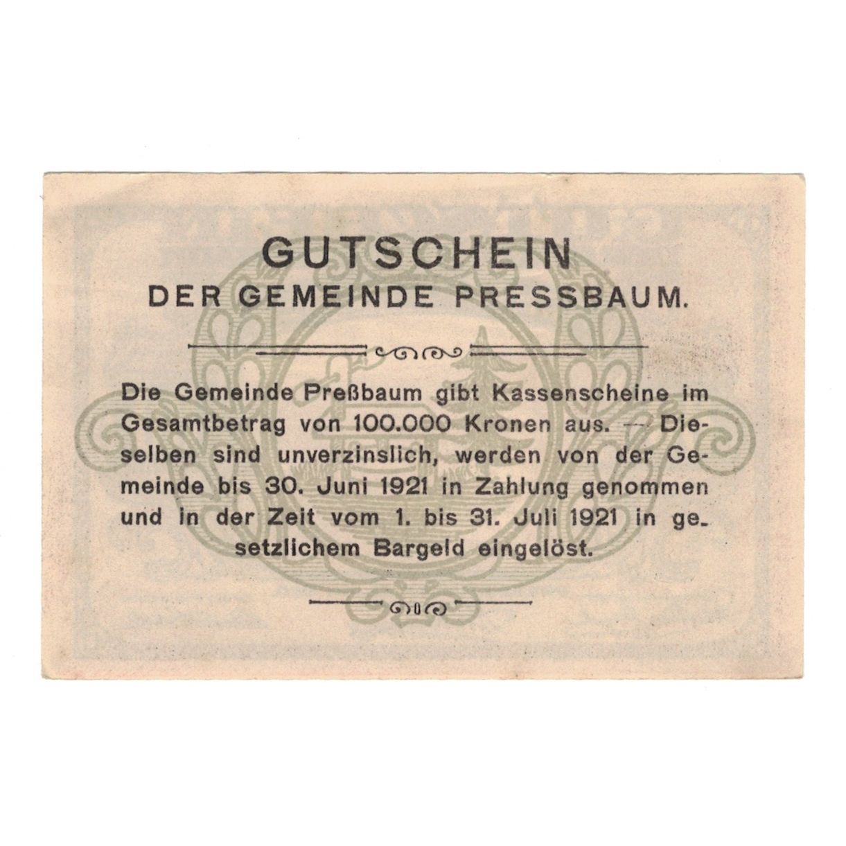 Banknote, Austria, Pressbaum N.Ö. Gemeinde, 80 Heller, Texte, 1921, 1921-07-31