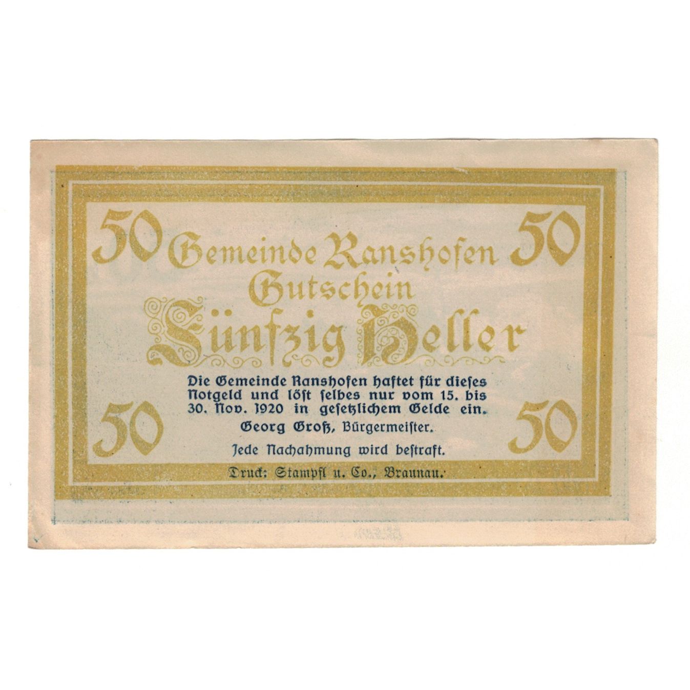 Banknote, Austria, Ranshofen O.Ö. Gemeinde, 50 Heller, paysage 1, 1920