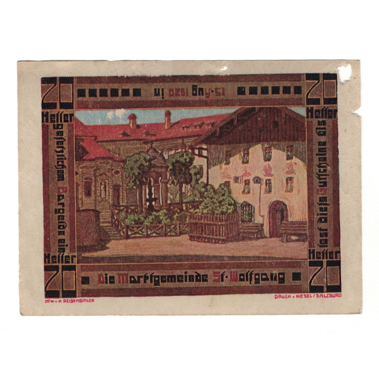 Billet, Autriche, St. Wolfgang O.Ö. Marktgemeinde, 20 Heller, place, 1920