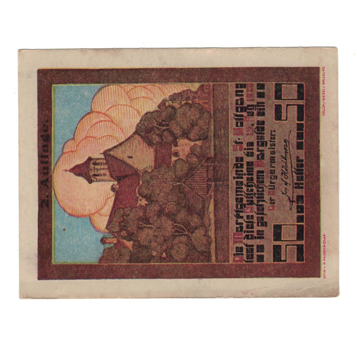 Billete, Austria, St. Wolfgang O.Ö. Marktgemeinde, 50 Heller, paysage, 1920