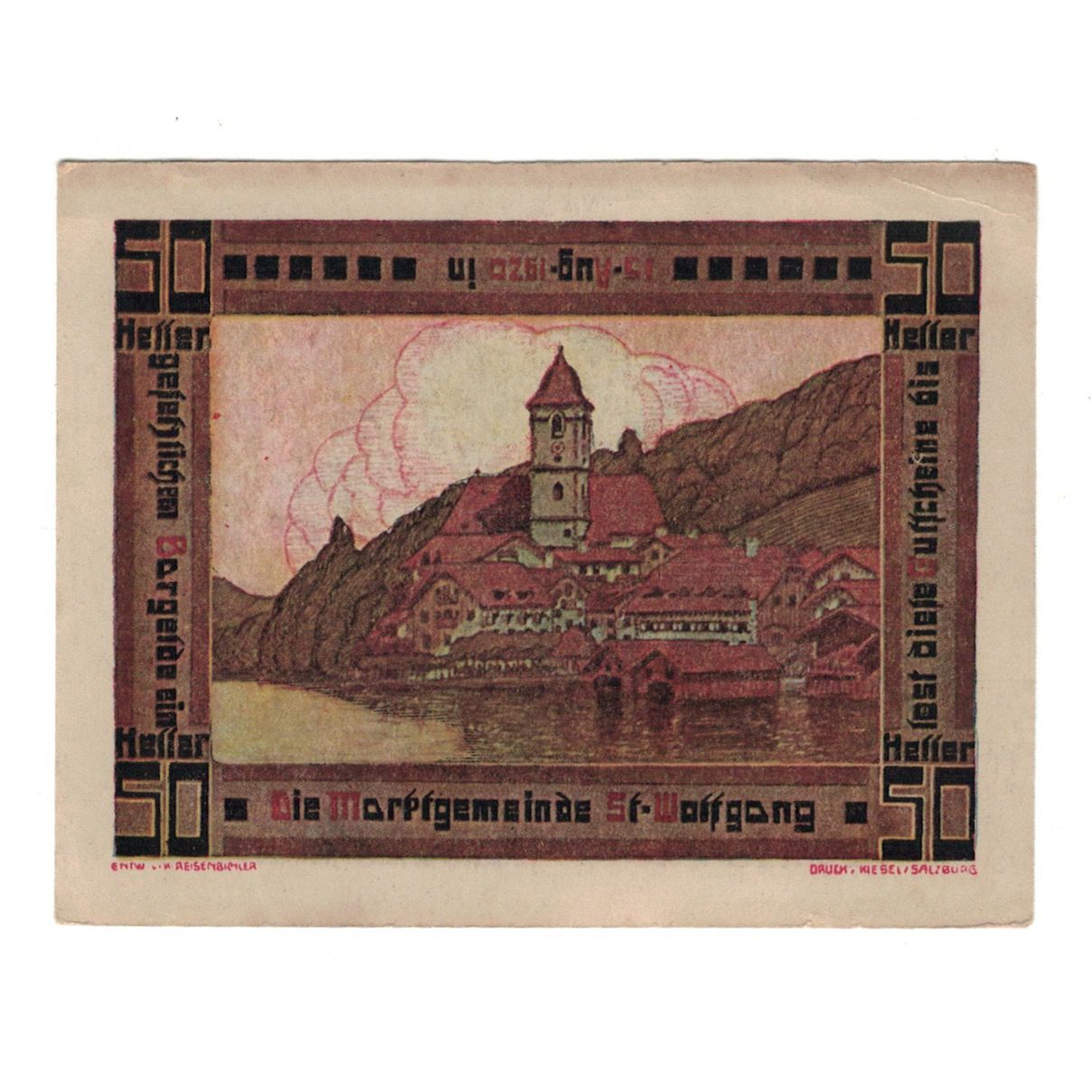 Billete, Austria, St. Wolfgang O.Ö. Marktgemeinde, 50 Heller, paysage, 1920