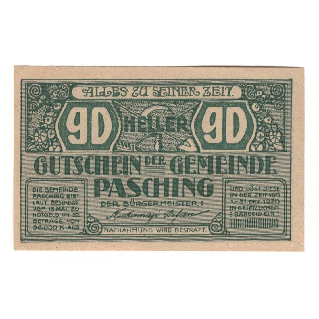 Billete, Austria, Pasching O.Ö. Gemeinde, 90 Heller, valeur faciale, 1920