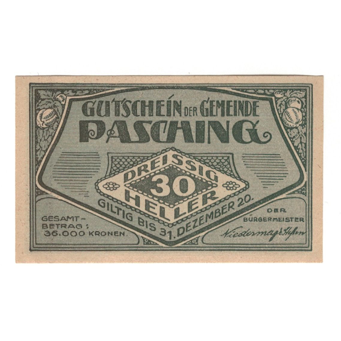 Billete, Austria, Pasching O.Ö. Gemeinde, 30 Heller, outils, 1920, 1920-12-31