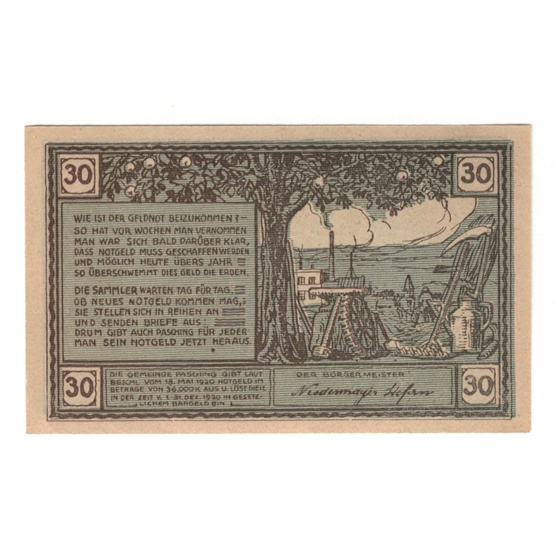 Billete, Austria, Pasching O.Ö. Gemeinde, 30 Heller, outils, 1920, 1920-12-31