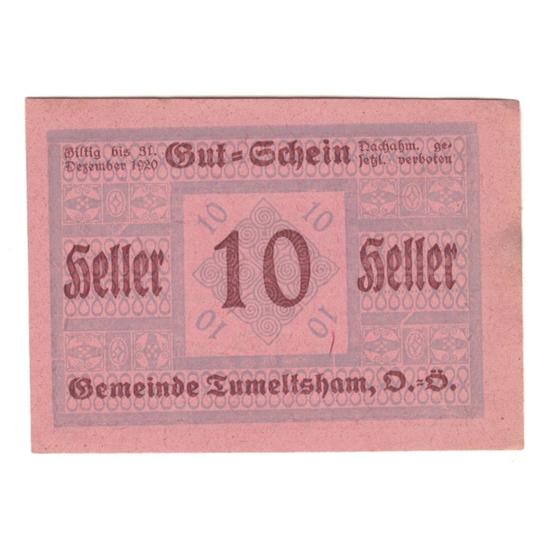 Banknote, Austria, Tumeltsham O.Ö. Gemeinde, 10 Heller, Texte, 1920