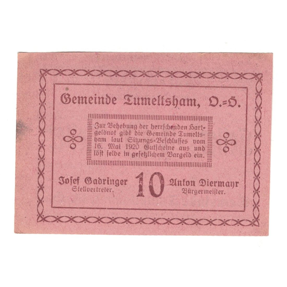 Banknote, Austria, Tumeltsham O.Ö. Gemeinde, 10 Heller, Texte, 1920
