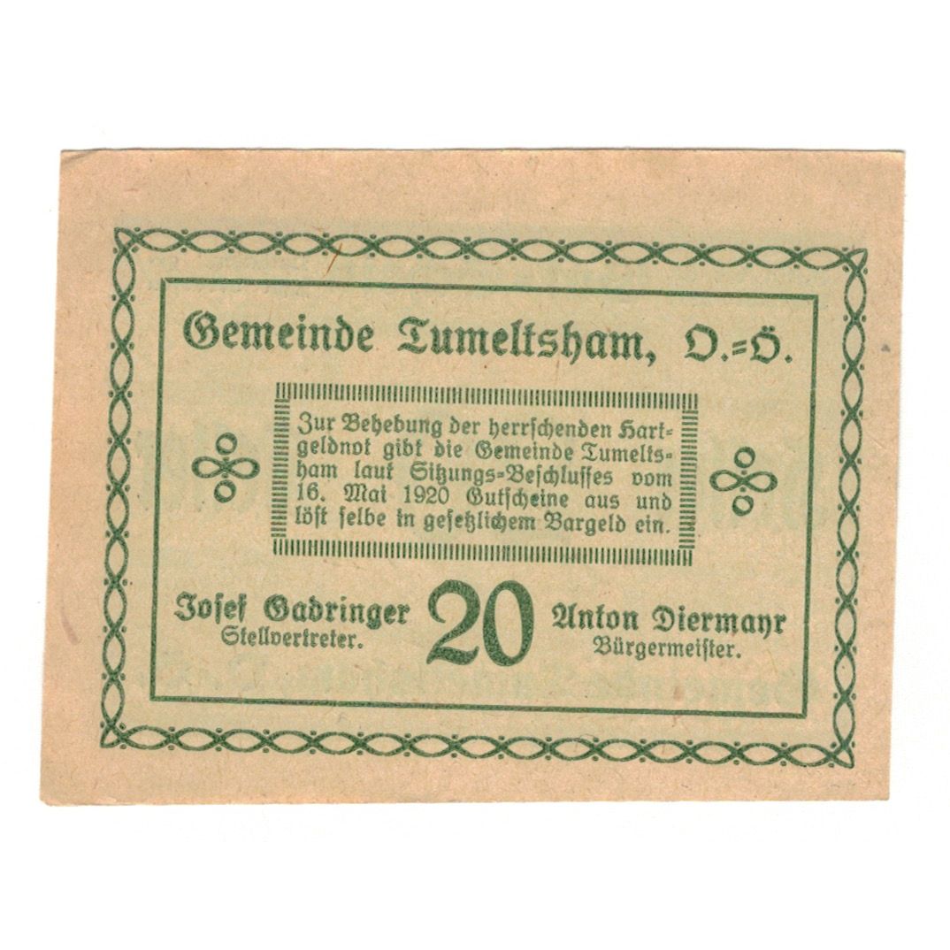 Banknote, Austria, Tumeltsham O.Ö. Gemeinde, 20 Heller, Texte, 1920