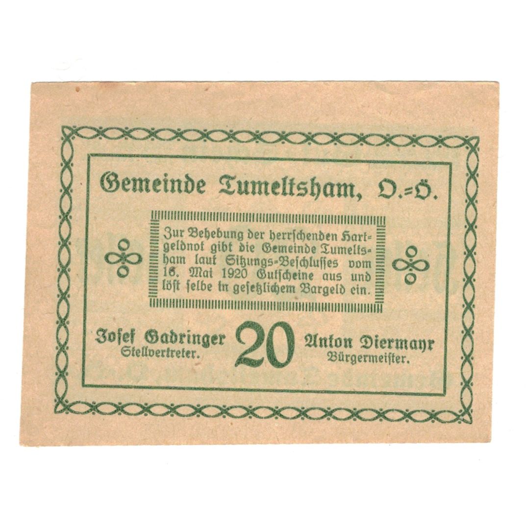Banknote, Austria, Tumeltsham O.Ö. Gemeinde, 20 Heller, texte 1, 1920