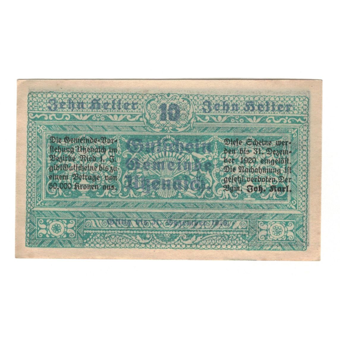 Banknote, Austria, Utzenaich O.Ö. Gemeinde, 10 Heller, paysage, 1920