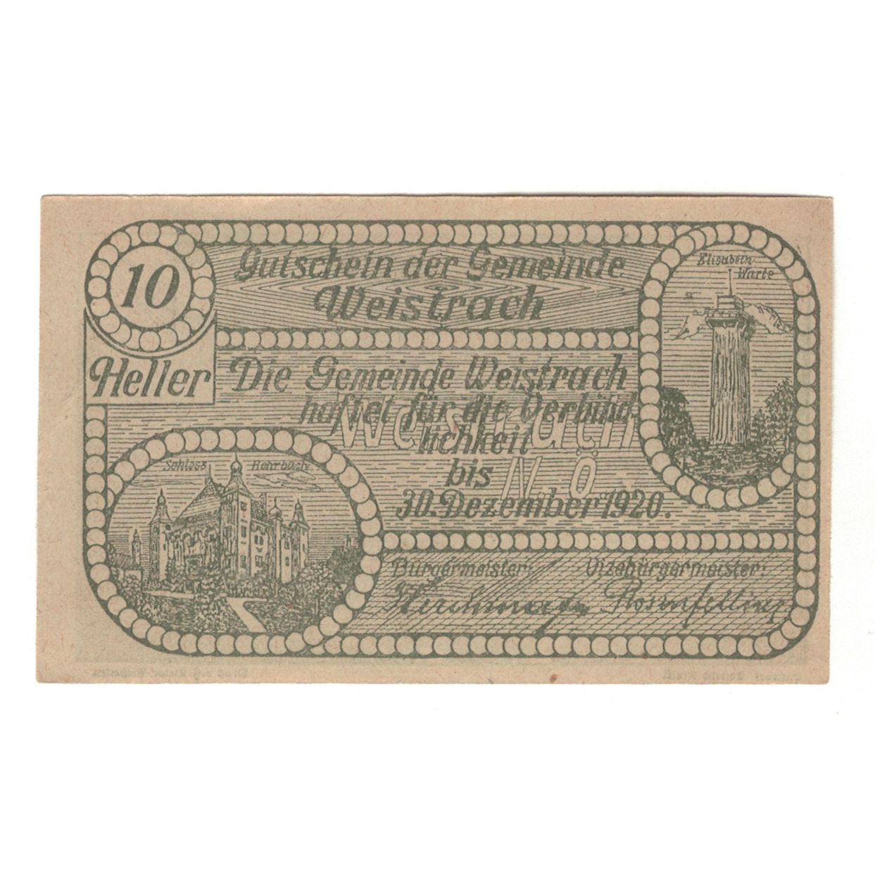 Banknote, Austria, Weistrach N.Ö. Gemeinde, 10 Heller, texte 1, 1920