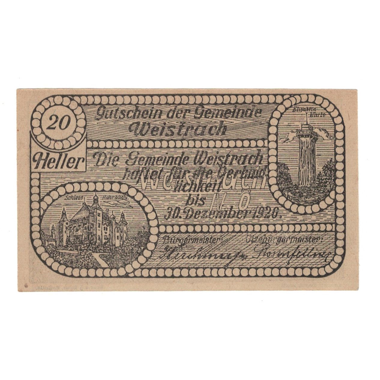Billete, Austria, Weistrach N.Ö. Gemeinde, 20 Heller, Texte, 1920, 1920-12-30