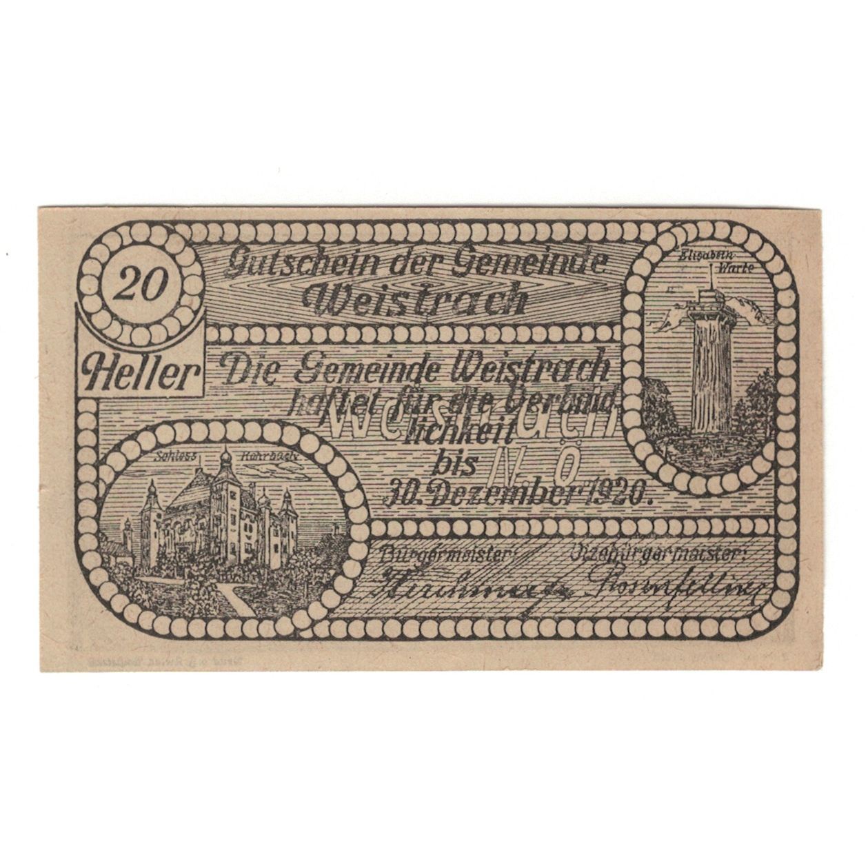 Banknote, Austria, Weistrach N.Ö. Gemeinde, 20 Heller, texte 1, 1920