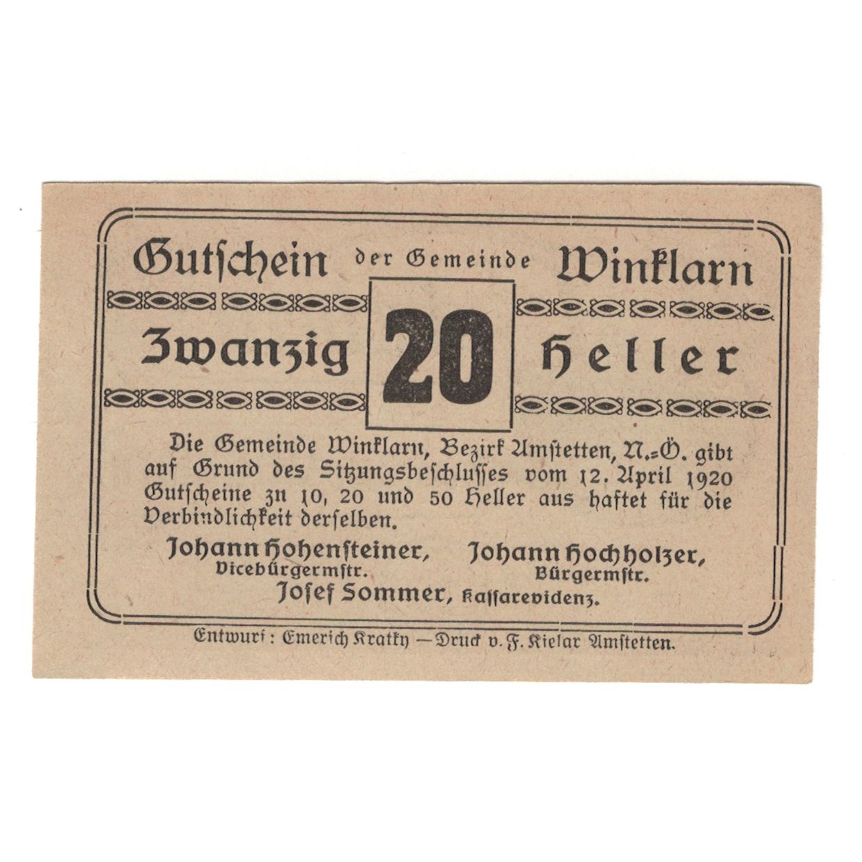 Banknote, Austria, Winklarn N.Ö. Gemeinde, 20 Heller, texte 1, 1920