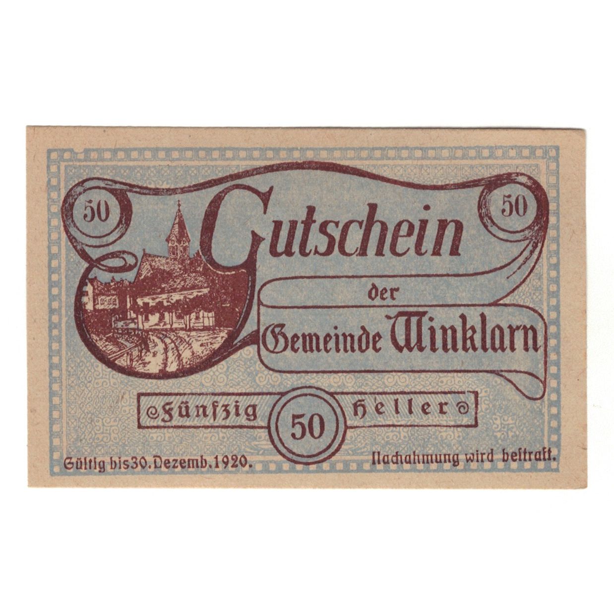 Billete, Austria, Winklarn N.Ö. Gemeinde, 50 Heller, Texte, 1920, 1920-12-30