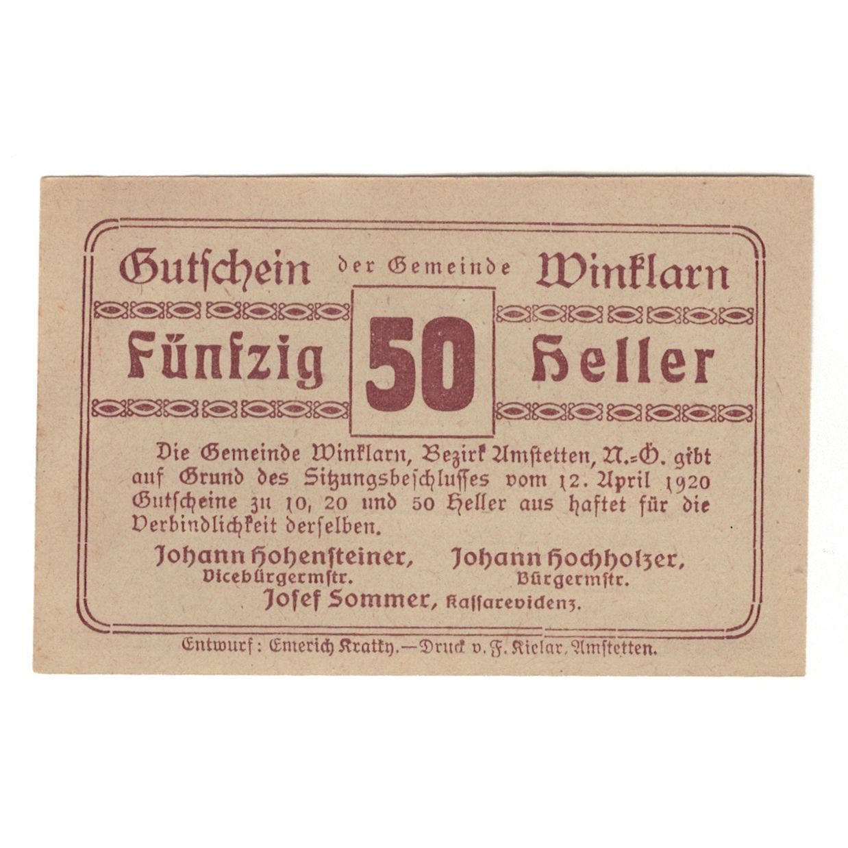 Billete, Austria, Winklarn N.Ö. Gemeinde, 50 Heller, Texte, 1920, 1920-12-30