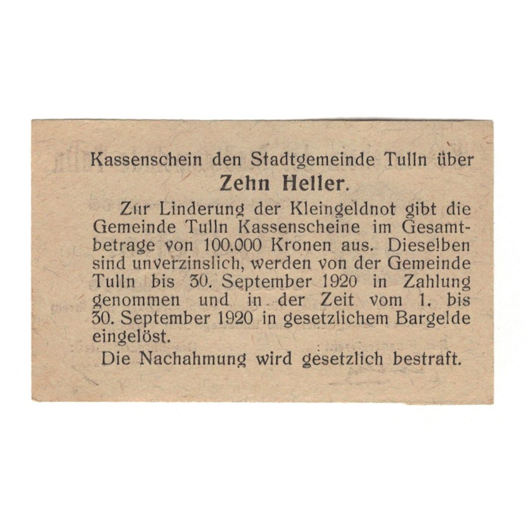 Banknote, Austria, Tulln N.Ö. Stadtgemeinde, 10 Heller, Texte, 1920