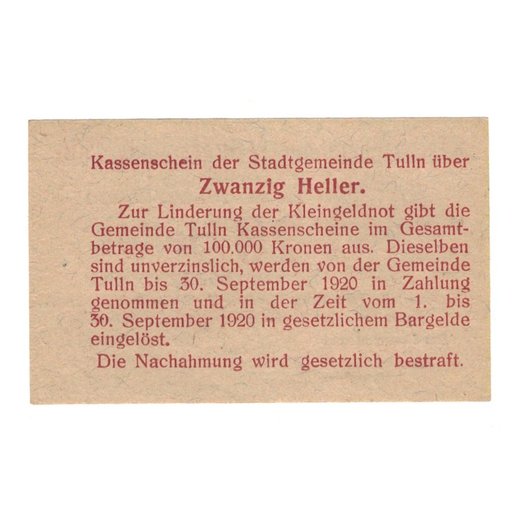 Banknote, Austria, Tulln N.Ö. Stadtgemeinde, 20 Heller, Texte, 1920