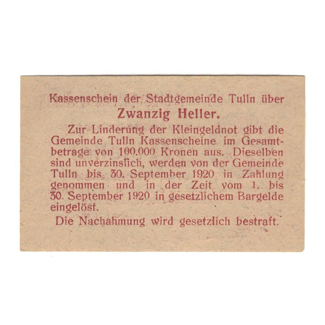 Banknote, Austria, Tulln N.Ö. Stadtgemeinde, 20 Heller, texte 1, 1920