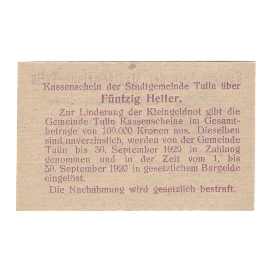 Banknote, Austria, Tulln N.Ö. Stadtgemeinde, 50 Heller, Texte, 1920