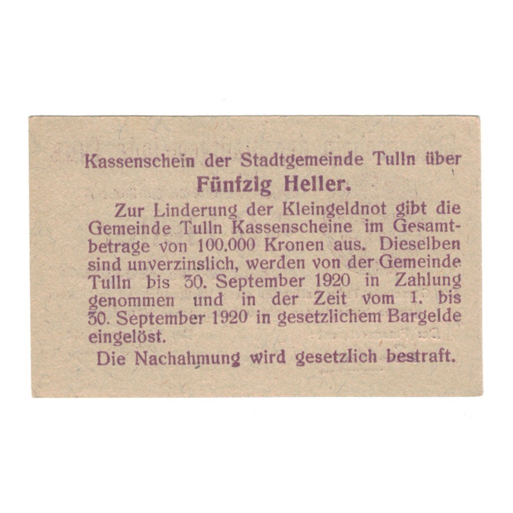 Banknote, Austria, Tulln N.Ö. Stadtgemeinde, 50 Heller, texte 1, 1920