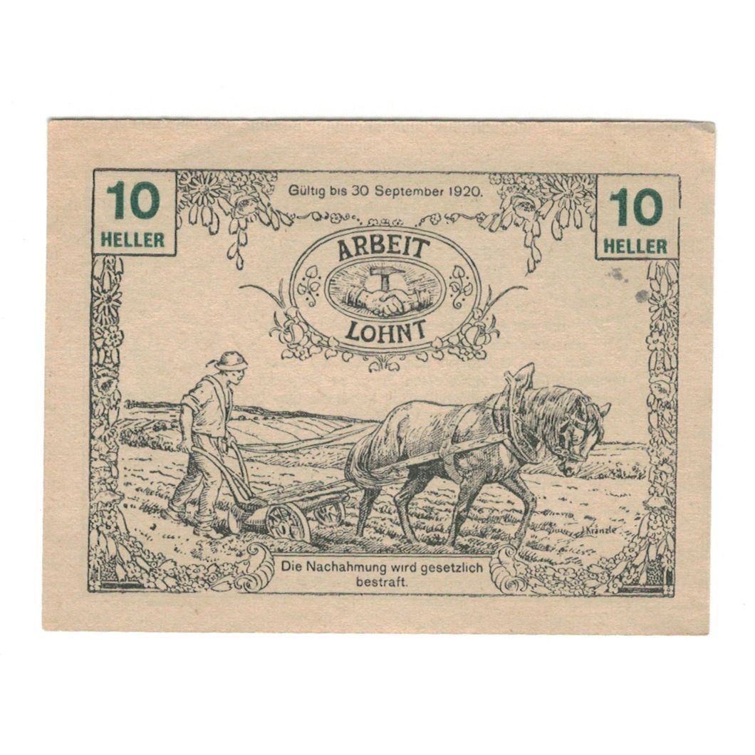 Nota, Áustria, Tausendblum N.Ö. Gemeinde, 10 Heller, paysan, 1920, 1920-09-30