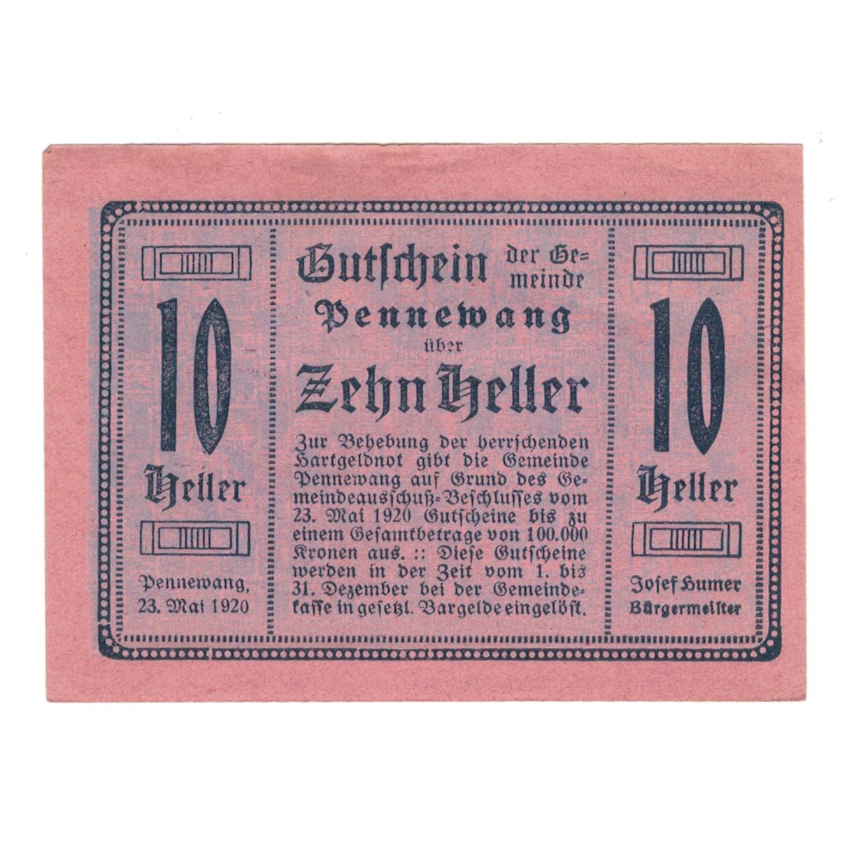 Banknote, Austria, Pennewang O.Ö. Gemeinde, 10 Heller, Batiment, 1920